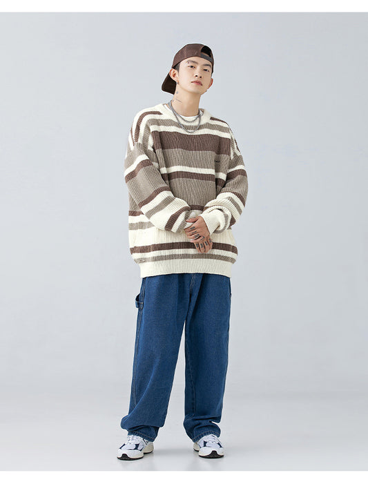 Stribet Sweater til Mænd i Kontrastfarver, Retro