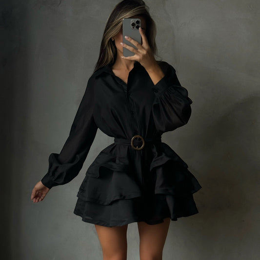 New Stylish Black Womens Dress With A Turn-down Collar For An Elegant