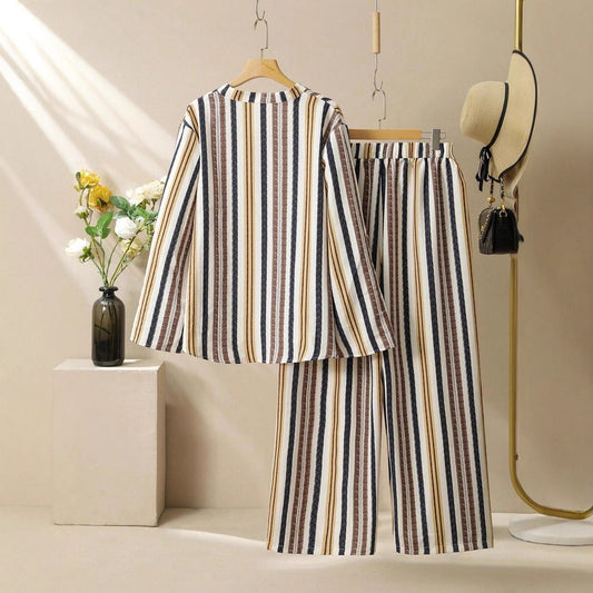 Striped Printed V-neck Suit For Women