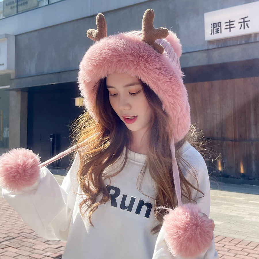 Cute Plush Antler Knitted Hat With Three Hair Balls