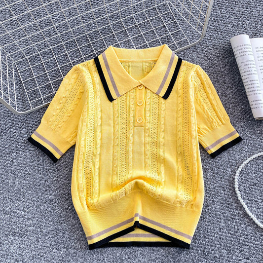 Preppy-style Sweet Striped POLO-neck Top