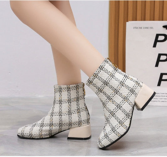 Autumn And Winter Plus Velvet Warm Plaid Martin Boots With Zipper Tips