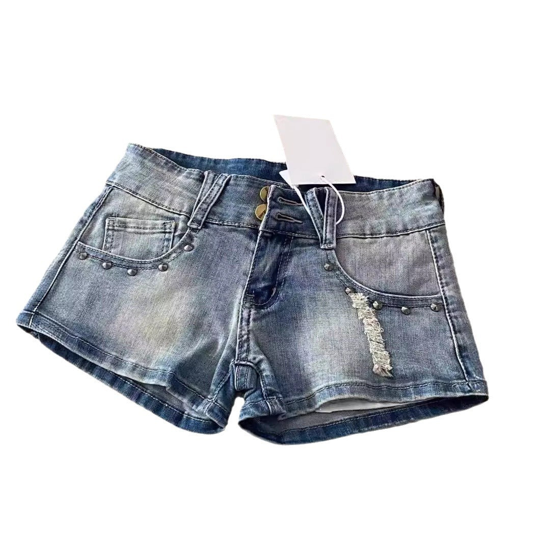 Fashionable Light Color Retro Denim Shorts For Women