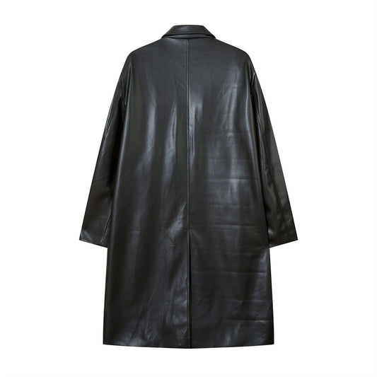 American Style With Belt Mid-length PU Leather Coat For Men Autumn And Winter