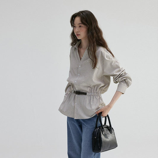 V-neck Waist-cinching Striped Loose Shirt For Women