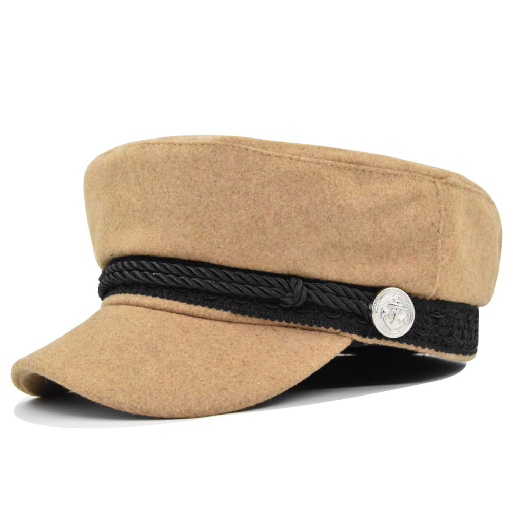 Women's Metal Buckle Octagonal Woolen Flat Hat