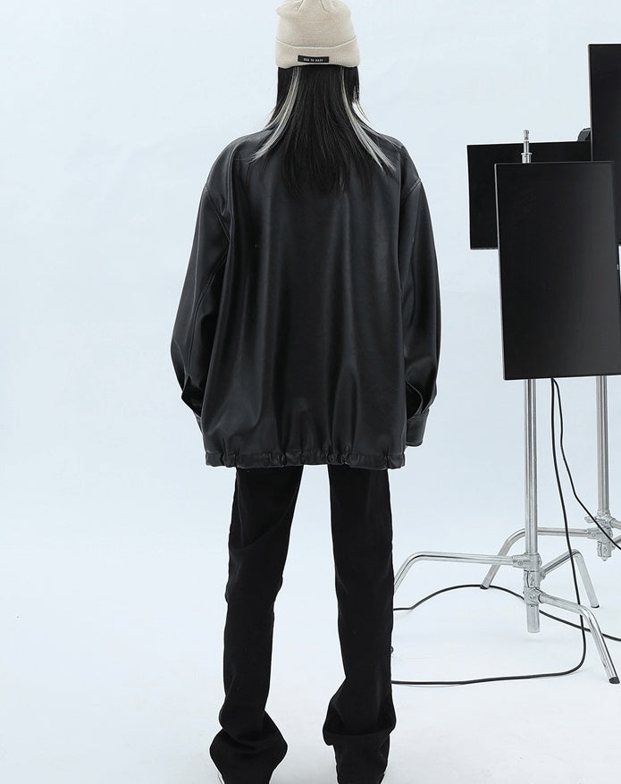 Women's Loose Retro Leather Jacket With Details