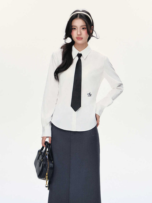 College Style Long Sleeve Shirt Waist-tight Simple Top