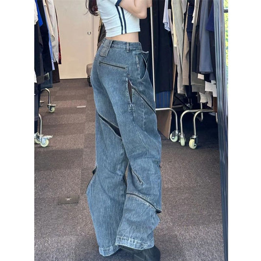 Ripped forede jeans, dame, fuld, lige, løs, vidde ben, føles som lange bukser