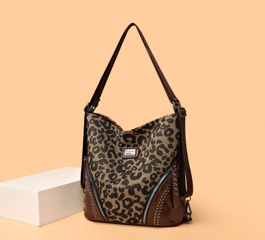 Leopard Print Large Capacity Retro Style Multifunctional Hand Bag