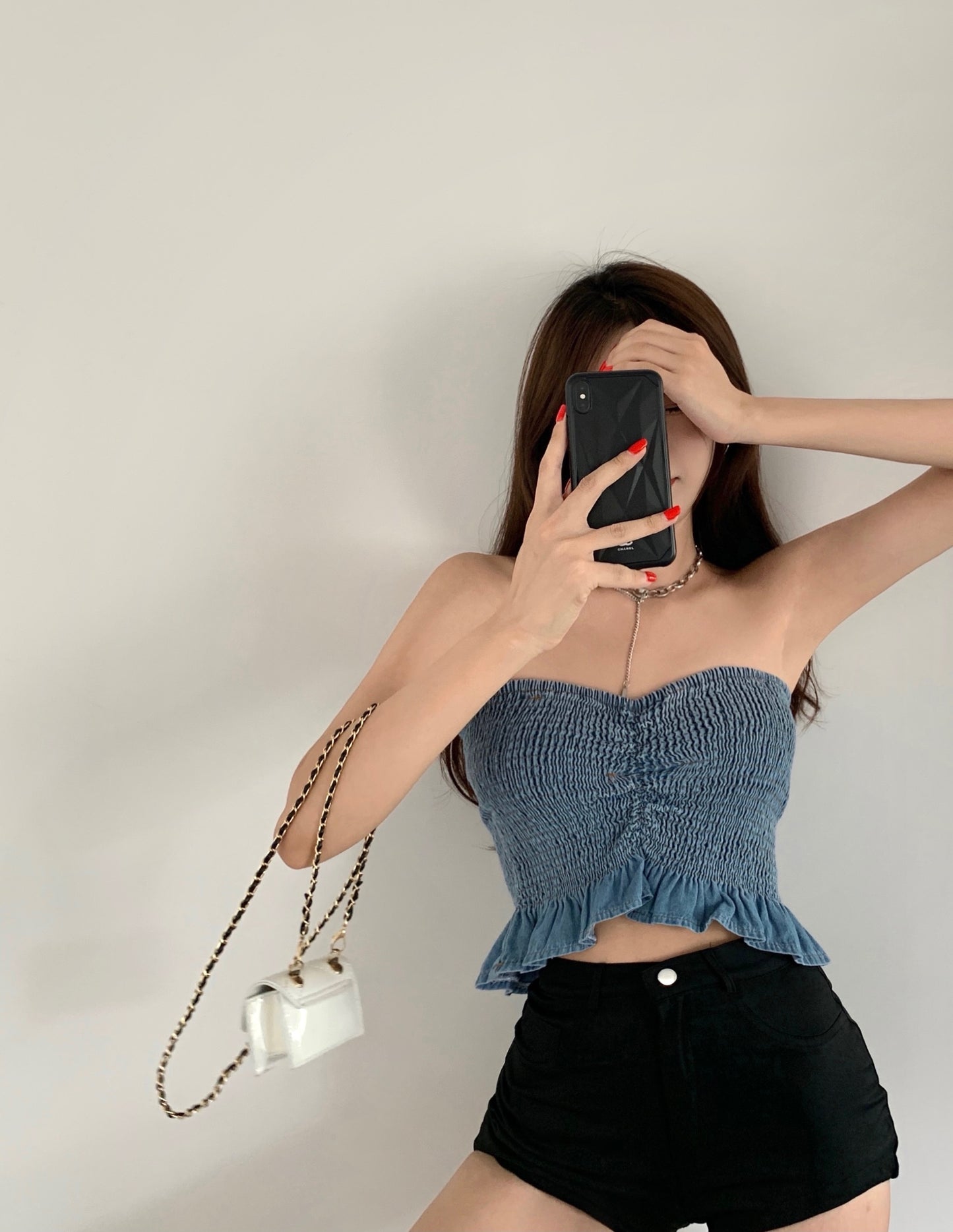 Women's Summer Wear Tight Denim Pleated Bodice Top