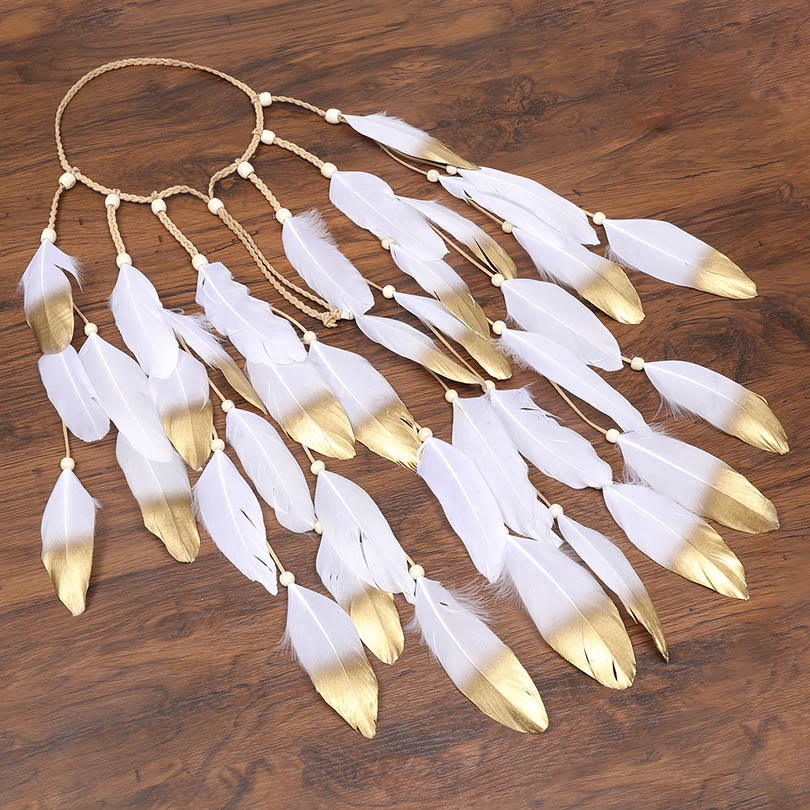Hand-woven long feather hair band