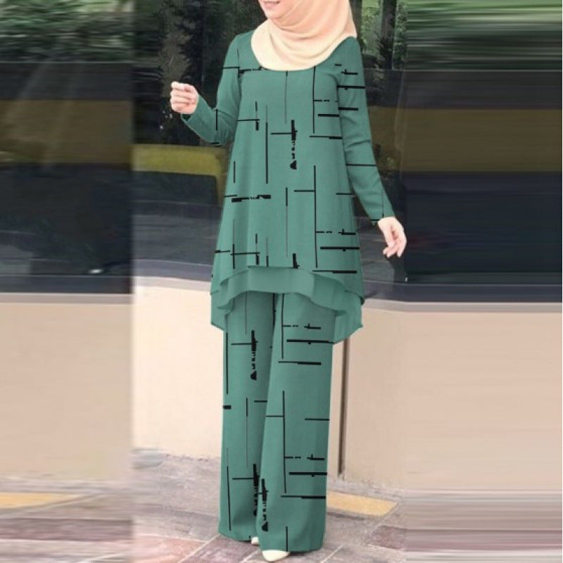Womens Double-Layer Vertical Stripe Four-Way Stretch Printed Chiffon Set With Elastic Waistband