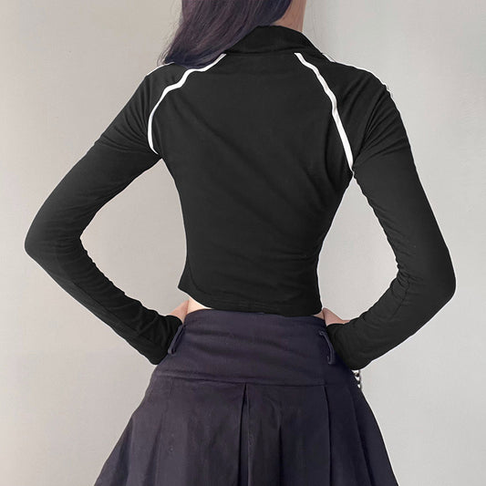 Lapel Zipper Contrast Color Braid Stitching Long Sleeve Sweater Basic Slim Fit Hot Girl Letter Fall Winter Coat