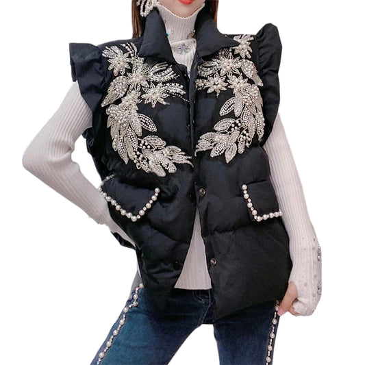 Feather Cotton Padded Vest Women Beaded Loose And Thin Warm