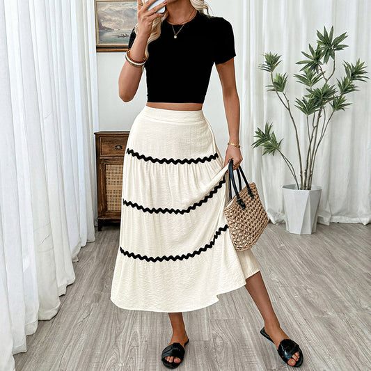 Contrast-color Patchwork Womens European And American Resort-style Elastic-waist Skirt