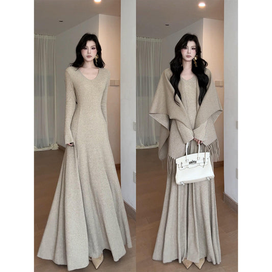 Temperament Knit Set Autumn V-neck Long Sleeve Dress Shawl Two-piece Women