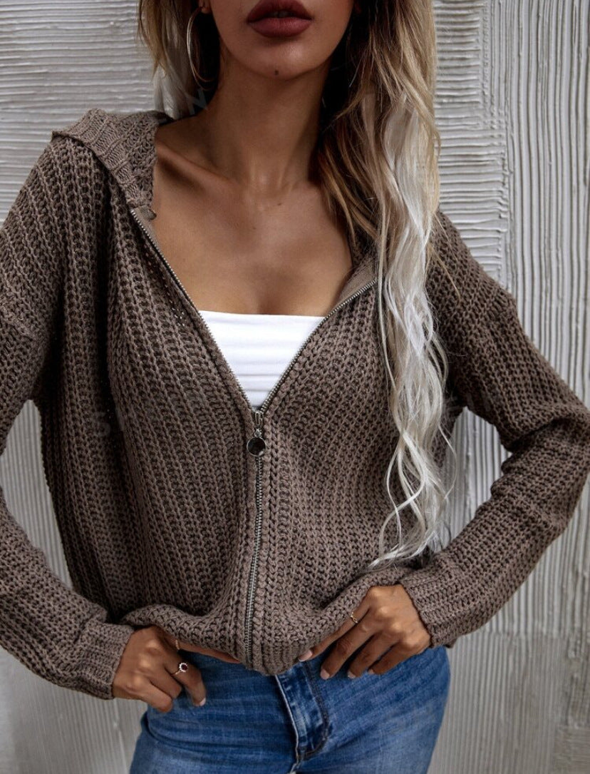 Autumn And Winter Hooded Cardigan Knitted Waffle Sweater Top