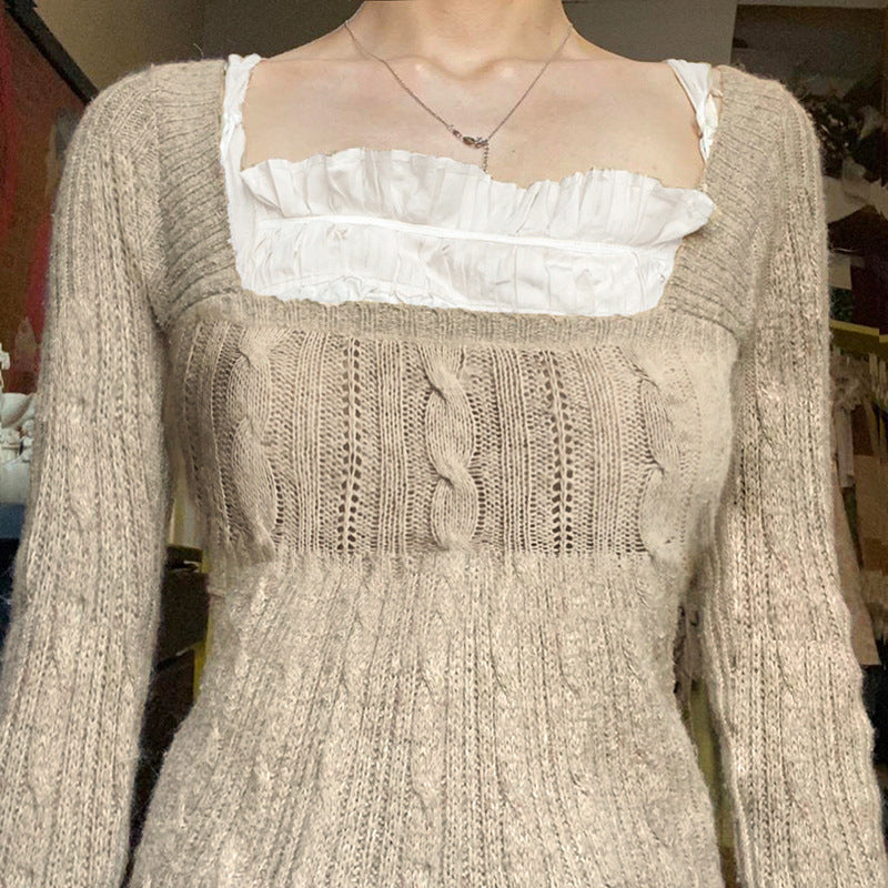 Retro Low Collar Square Collar Twisted Khaki Sweater