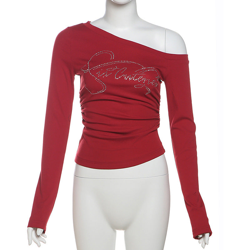 New Trendy Off-shoulder T-shirt With A Slash Neckline And Letter Detailing