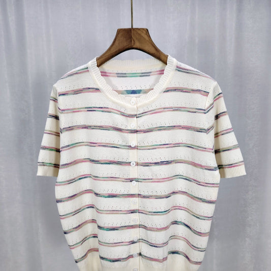 Womens French Chanel-style Striped Ice Silk Knit Top With Short Sleeves