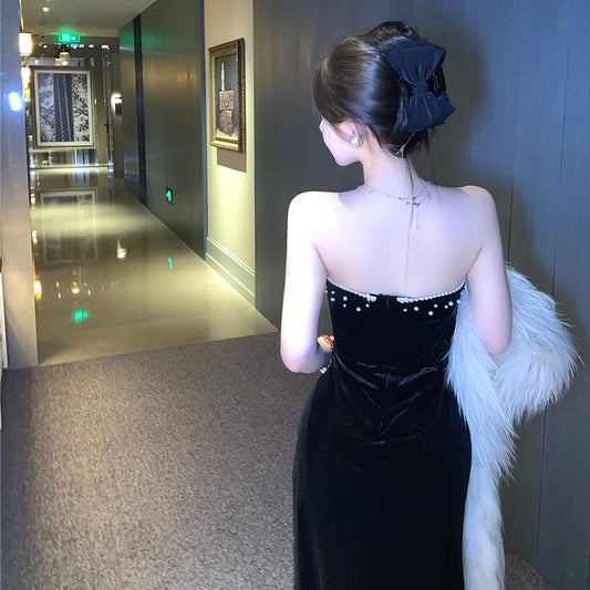 Luxury Celebrity-style Strapless Evening Gown Velvet Waist-Cinched Maxi Dress
