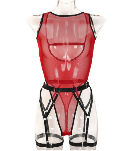 Stylish Women's Backless Mesh Color Matching Jumpsuit