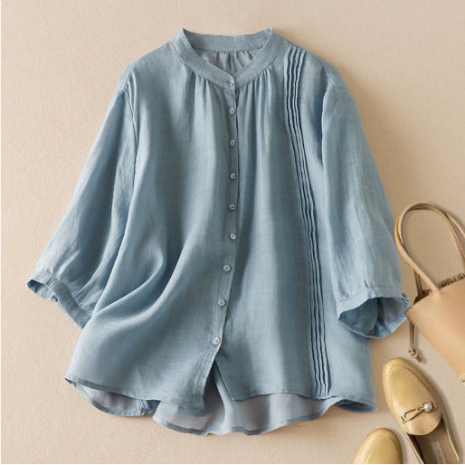 Temperament Leisure Style Artistic Retro Solid Color Summer Thin Cotton And Linen Shirt