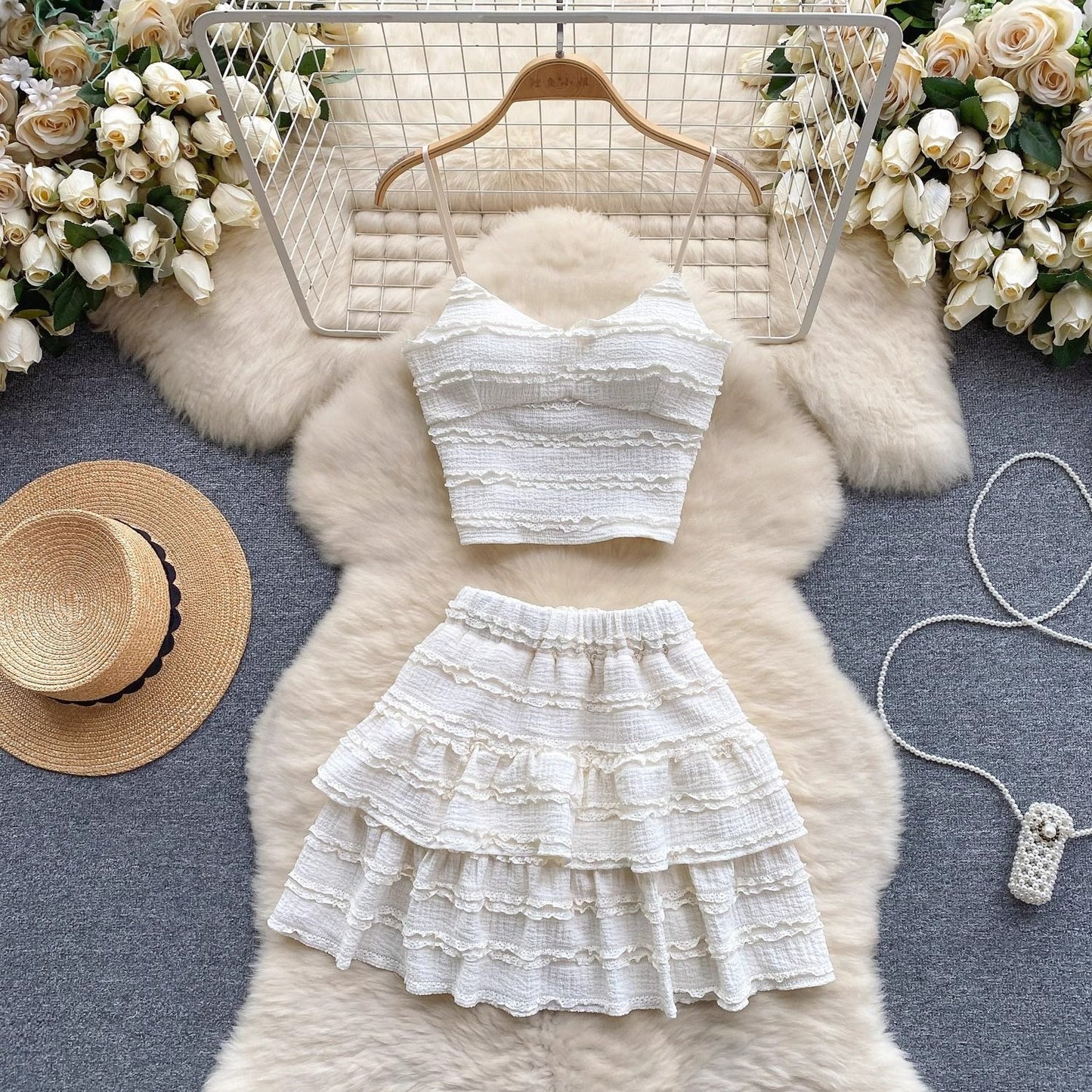Lace Camisole And Ruffled Short Skirt Set