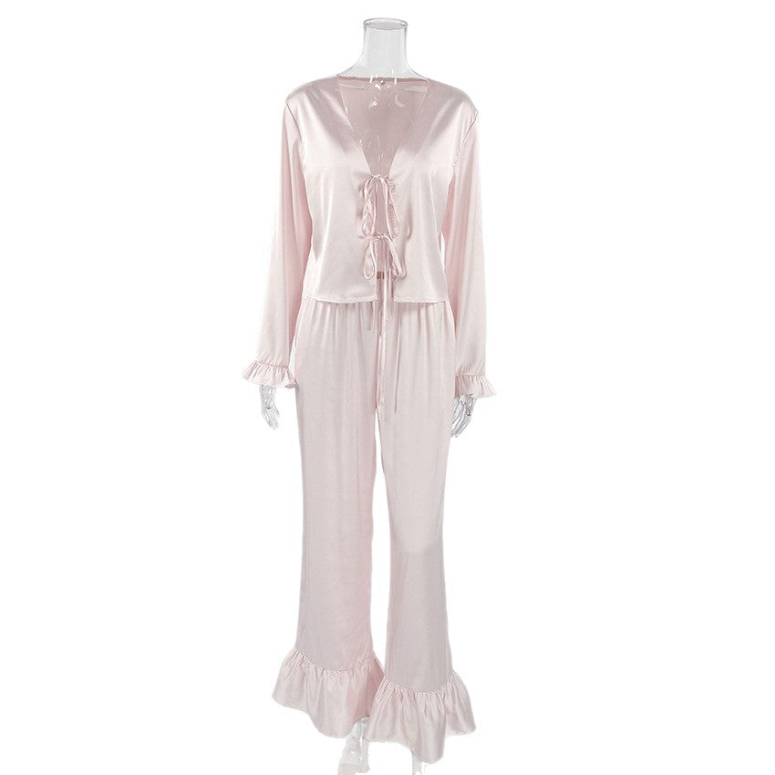 Womens Ruffled Skin-Friendly Long-Sleeve Pajama Set With Pants For Comfort And Style