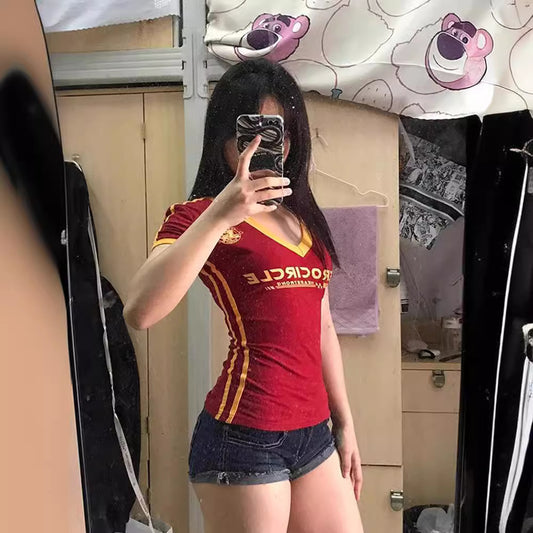 American Red V-neck Shoulder Short Sleeve