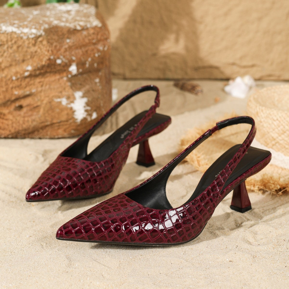 Fashion Crystal Pattern High Heels Black Pointed Toe Strap Elastic Band Slingback