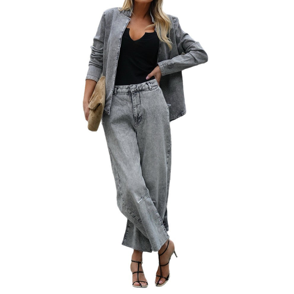 Personalized Street-style Casual Slim-fit Blazer And Denim Suit Set