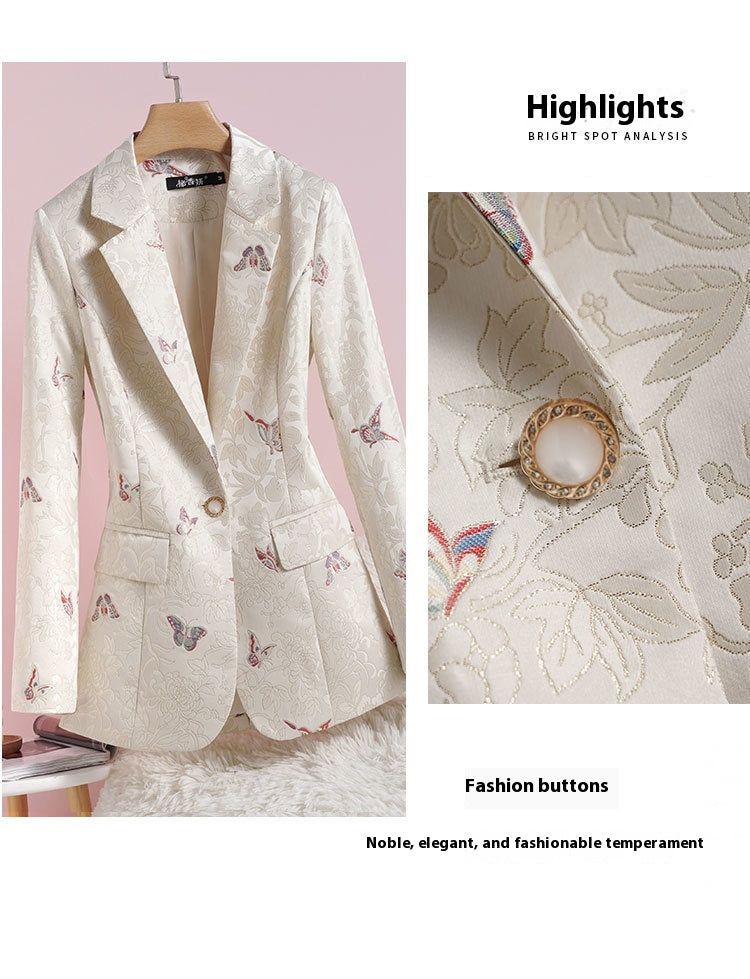 Women's Apricot Waist-tight Design National Style Printed Suit Jacket