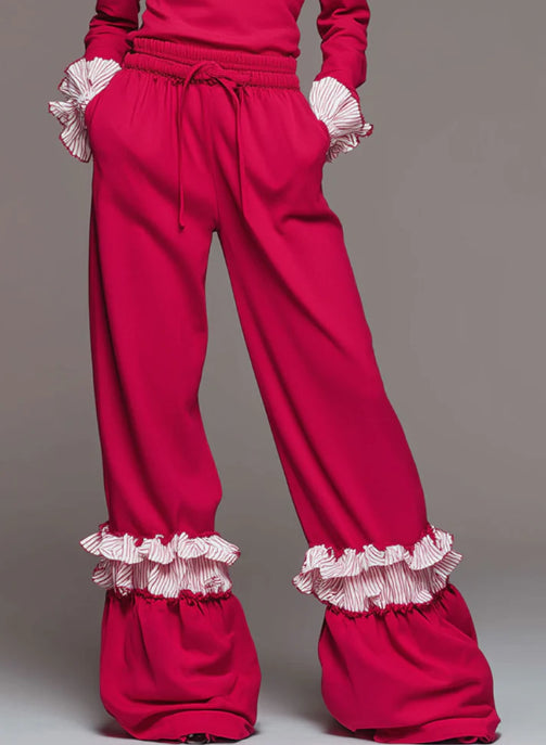 Fashionable Sporty Striped Ruffled Red Turtleneck Top And Wideleg Pants Set