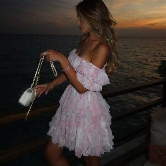 Womens Stylish And Elegant Flared-Sleeve Floral Short Dress