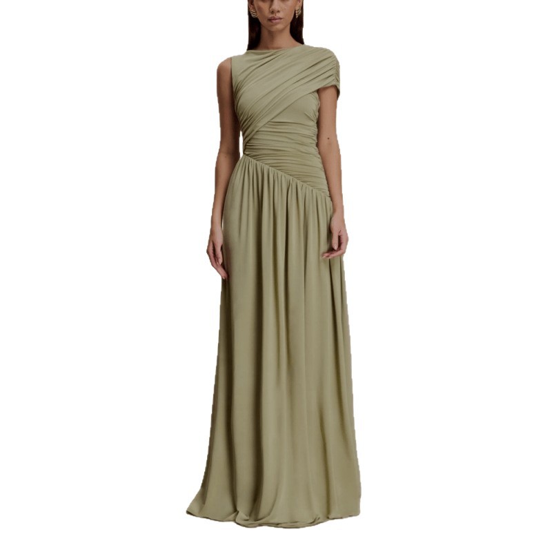 Elegant Solid-Color Pleated Asymmetrical-Neck Bodycon Dress