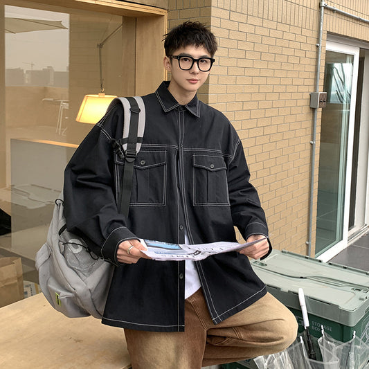 Men's Bright Line Tooling Jacket Japanese Solid Color Shirt Coat