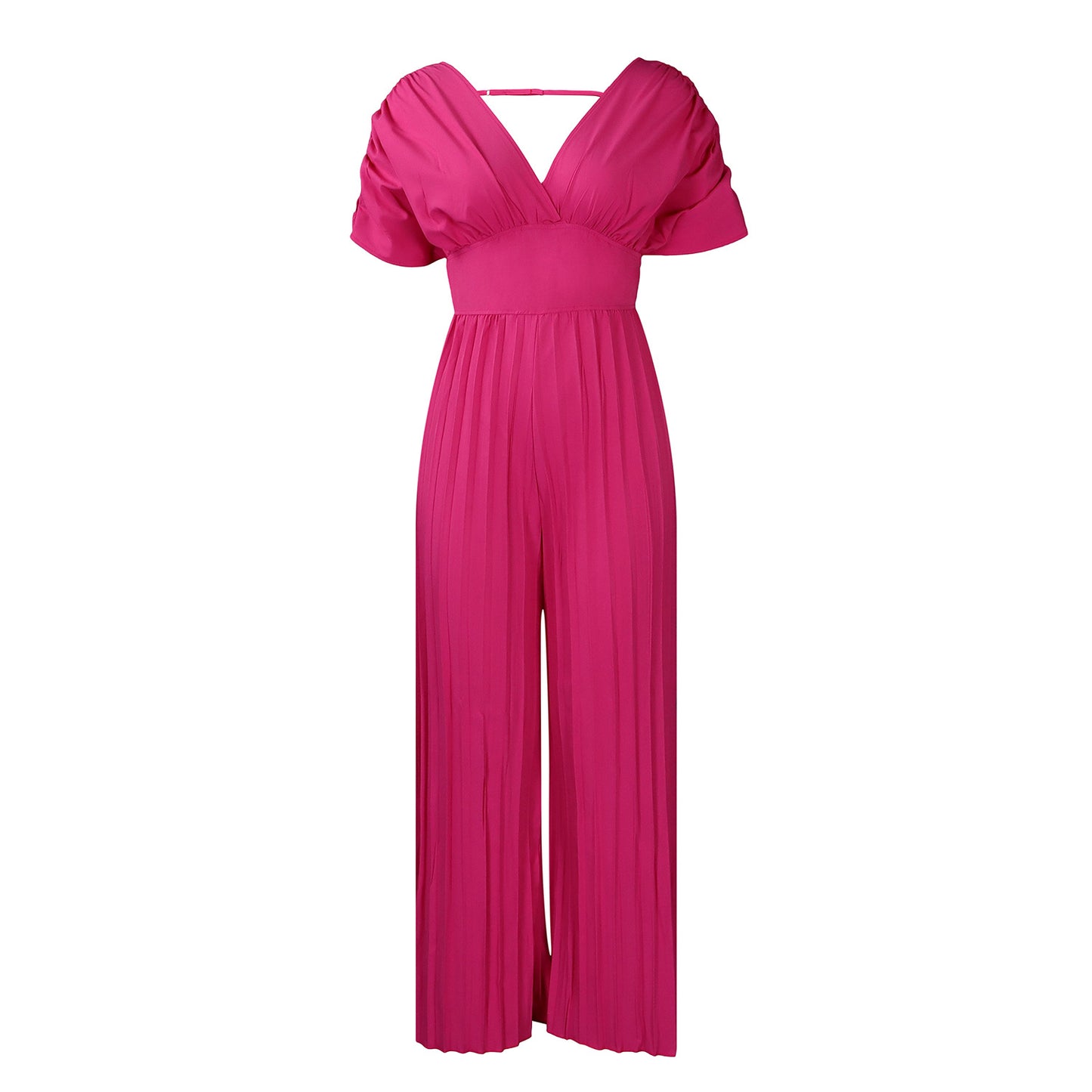 Jumpsuit til kvinder med V-udskæring og plisseringer i ensfarvet design