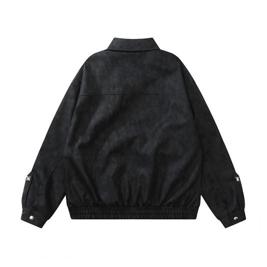 Three-dimensional Pocket Lapels PU Leather Jacket For Men