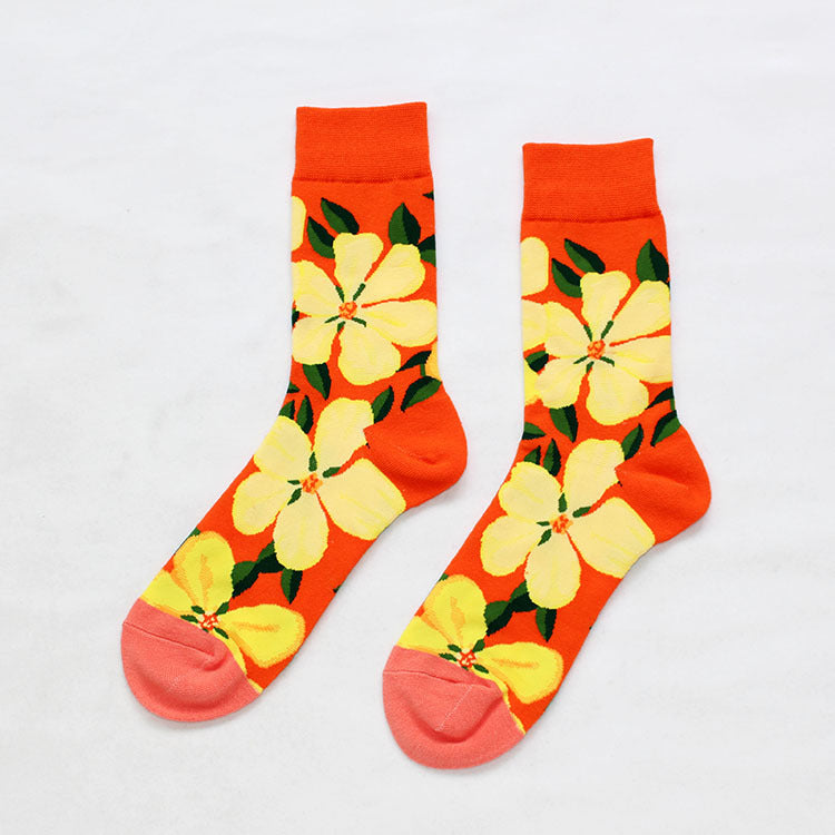 Cotton socks painted with flowers and birds
