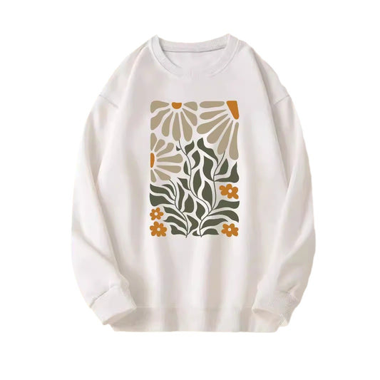 Rundhalset langærmet sweater til kvinder med blomster- og plantemotiv