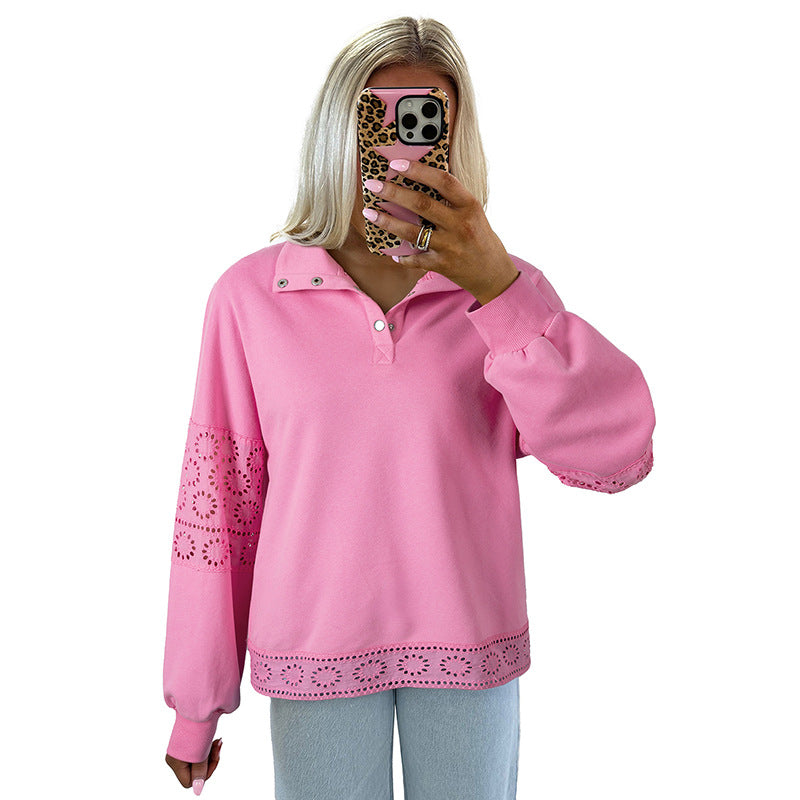 Ensfarvet Pullover Revers Langærmet Sweater Damemode Europæisk og Amerikansk