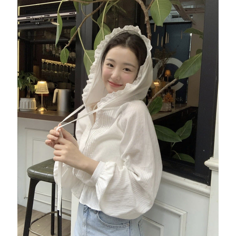 Designer-style Lace Trim Elastic Hooded Shirt For Women