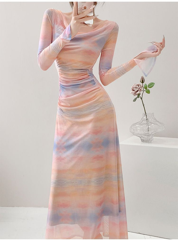 Swan-Neck Sister Mesh Print Boat-Neck Dress