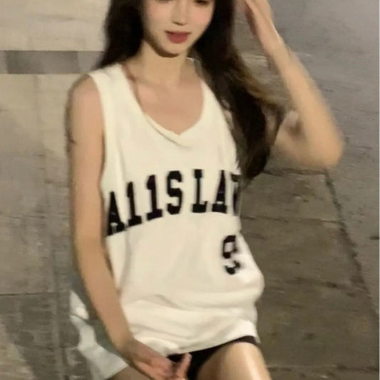 Long Vintage Letter Print Loose Sleeveless Sports Vest