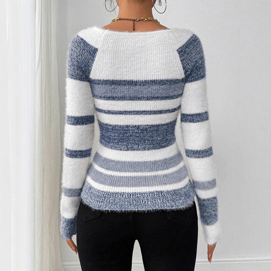 Slim Fit Square Collar Striped Sweater For Women