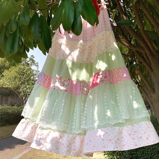 Women's Lace-trimmed Floral Patchwork High-waisted Skirt