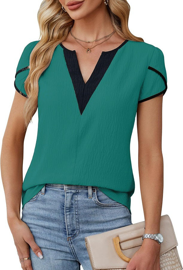 Fashionable Color-Block V-Neck Petal-Shape Short-Sleeve Blouse For Women