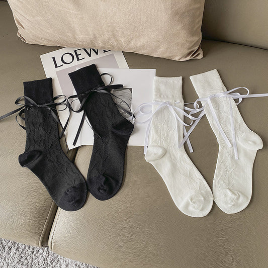Thin French Ribbon Bow Tube Socks For Children